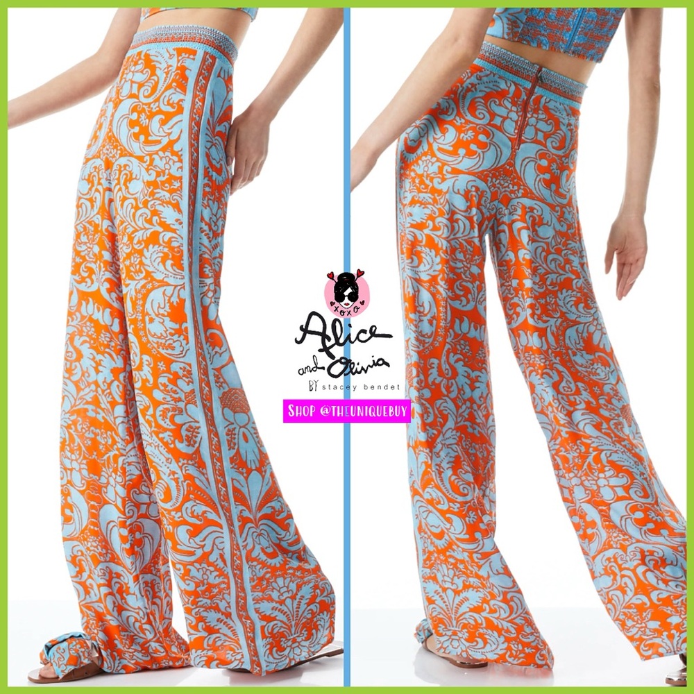 Alice + Olivia Athena Smocked Waistband Wide Leg Sienna Orange Blue Pant - Picture 9 of 17